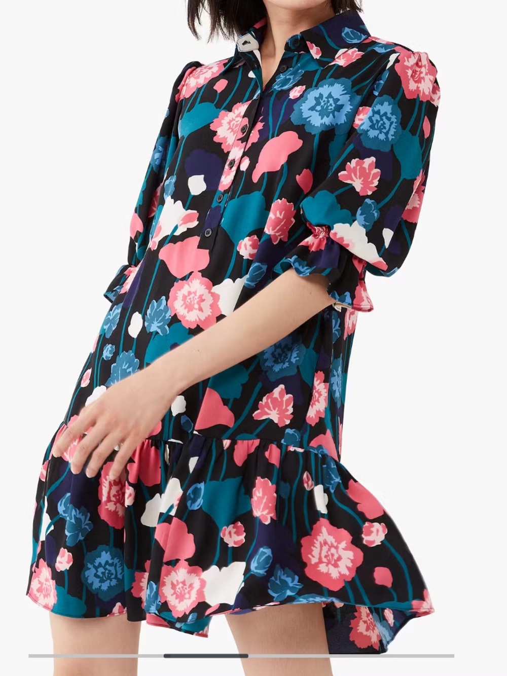 Kate Spade Viney Floral Fluid Shirtdress, Black Floral with Pink & Blue
